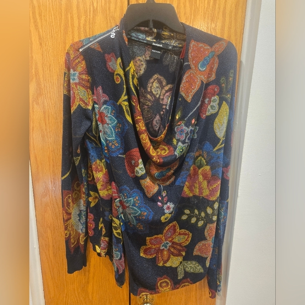 NWOT Desigual Multicolor Floral Cowl Neck Cardigan Sz S-M In Viscose - Picture 2 of 12